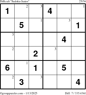 The grouppuzzles.com Difficult Sudoku-Junior puzzle for Monday January 13, 2025 with the first 3 steps marked