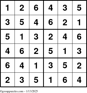 The grouppuzzles.com Answer grid for the Sudoku-Junior puzzle for Monday January 13, 2025