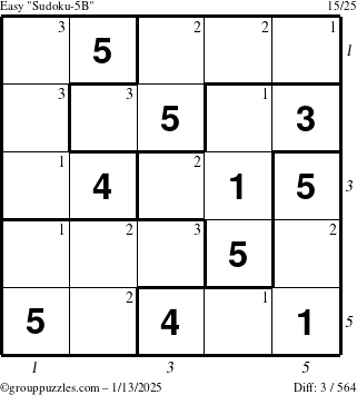 The grouppuzzles.com Easy Sudoku-5B puzzle for Monday January 13, 2025 with all 3 steps marked