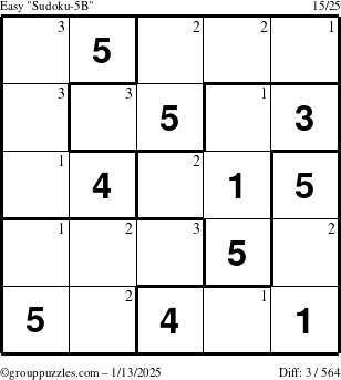 The grouppuzzles.com Easy Sudoku-5B puzzle for Monday January 13, 2025 with the first 3 steps marked