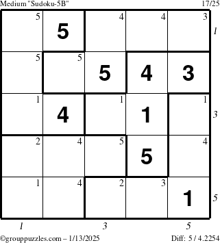 The grouppuzzles.com Medium Sudoku-5B puzzle for Monday January 13, 2025 with all 5 steps marked