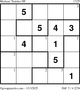 The grouppuzzles.com Medium Sudoku-5B puzzle for Monday January 13, 2025 with the first 3 steps marked