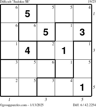 The grouppuzzles.com Difficult Sudoku-5B puzzle for Monday January 13, 2025 with all 6 steps marked