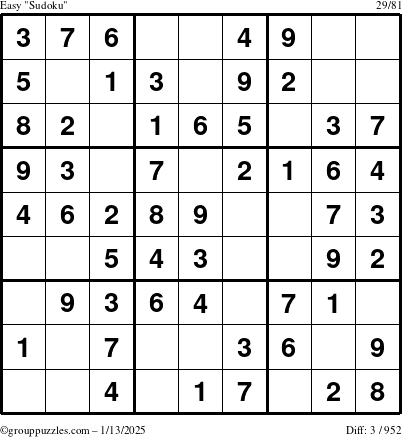 The grouppuzzles.com Easy Sudoku puzzle for Monday January 13, 2025