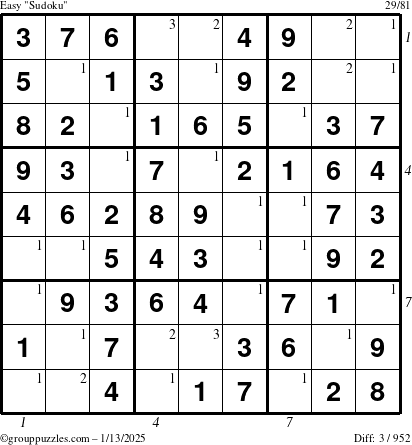 The grouppuzzles.com Easy Sudoku puzzle for Monday January 13, 2025 with all 3 steps marked