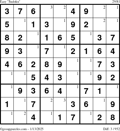 The grouppuzzles.com Easy Sudoku puzzle for Monday January 13, 2025 with the first 3 steps marked