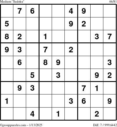 The grouppuzzles.com Medium Sudoku puzzle for Monday January 13, 2025