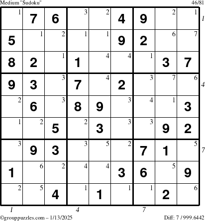 The grouppuzzles.com Medium Sudoku puzzle for Monday January 13, 2025, suitable for printing, with all 7 steps marked