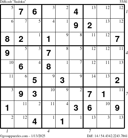 The grouppuzzles.com Difficult Sudoku puzzle for Monday January 13, 2025 with all 14 steps marked