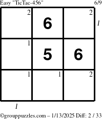 The grouppuzzles.com Easy TicTac-456 puzzle for Monday January 13, 2025 with all 2 steps marked