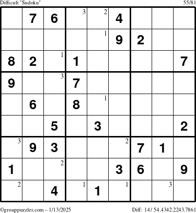 The grouppuzzles.com Difficult Sudoku puzzle for Monday January 13, 2025 with the first 3 steps marked