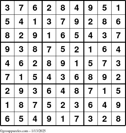 The grouppuzzles.com Answer grid for the Sudoku puzzle for Monday January 13, 2025