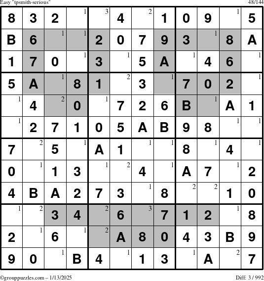 The grouppuzzles.com Easy tpsmith-serious puzzle for Monday January 13, 2025 with the first 3 steps marked