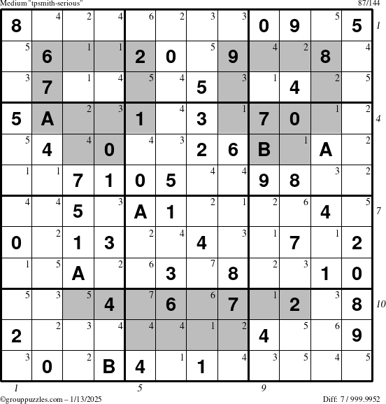 The grouppuzzles.com Medium tpsmith-serious puzzle for Monday January 13, 2025 with all 7 steps marked