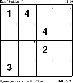 The grouppuzzles.com Easy Sudoku-4 puzzle for Tuesday July 16, 2024 with the first 2 steps marked