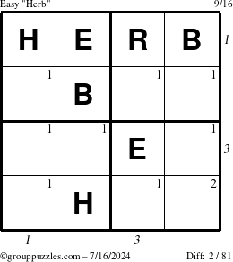 The grouppuzzles.com Easy Herb puzzle for Tuesday July 16, 2024 with all 2 steps marked