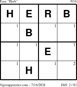 The grouppuzzles.com Easy Herb puzzle for Tuesday July 16, 2024 with the first 2 steps marked