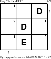 The grouppuzzles.com Easy TicTac-DEF puzzle for Tuesday July 16, 2024 with all 2 steps marked