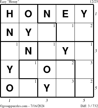 The grouppuzzles.com Easy Honey puzzle for Tuesday July 16, 2024 with all 3 steps marked