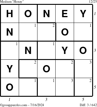 The grouppuzzles.com Medium Honey puzzle for Tuesday July 16, 2024 with all 3 steps marked