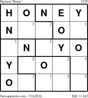 The grouppuzzles.com Medium Honey puzzle for Tuesday July 16, 2024 with the first 3 steps marked