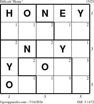 The grouppuzzles.com Difficult Honey puzzle for Tuesday July 16, 2024 with all 3 steps marked