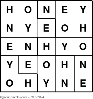 The grouppuzzles.com Answer grid for the Honey puzzle for Tuesday July 16, 2024