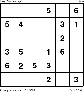 The grouppuzzles.com Easy Sudoku-6up puzzle for Tuesday July 16, 2024