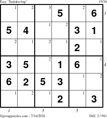 The grouppuzzles.com Easy Sudoku-6up puzzle for Tuesday July 16, 2024 with all 3 steps marked