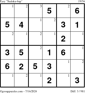 The grouppuzzles.com Easy Sudoku-6up puzzle for Tuesday July 16, 2024 with the first 3 steps marked