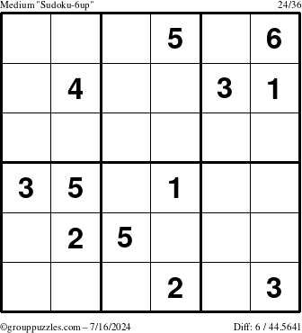 The grouppuzzles.com Medium Sudoku-6up puzzle for Tuesday July 16, 2024