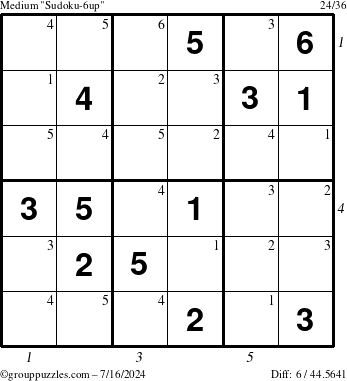 The grouppuzzles.com Medium Sudoku-6up puzzle for Tuesday July 16, 2024 with all 6 steps marked