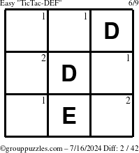 The grouppuzzles.com Easy TicTac-DEF puzzle for Tuesday July 16, 2024 with the first 2 steps marked