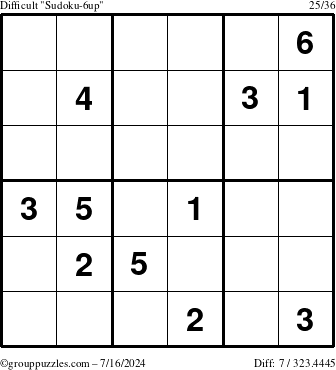 The grouppuzzles.com Difficult Sudoku-6up puzzle for Tuesday July 16, 2024