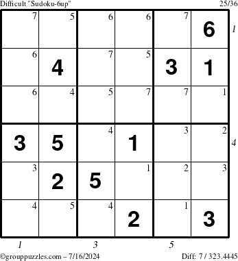 The grouppuzzles.com Difficult Sudoku-6up puzzle for Tuesday July 16, 2024 with all 7 steps marked