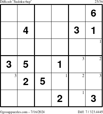 The grouppuzzles.com Difficult Sudoku-6up puzzle for Tuesday July 16, 2024 with the first 3 steps marked