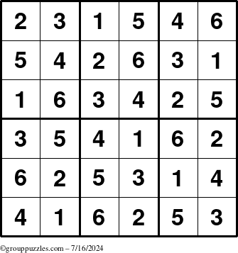 The grouppuzzles.com Answer grid for the Sudoku-6up puzzle for Tuesday July 16, 2024