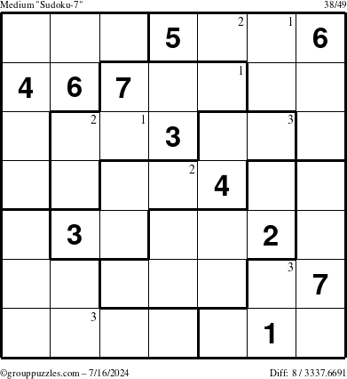 The grouppuzzles.com Medium Sudoku-7 puzzle for Tuesday July 16, 2024 with the first 3 steps marked