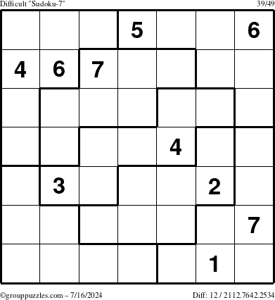 The grouppuzzles.com Difficult Sudoku-7 puzzle for Tuesday July 16, 2024