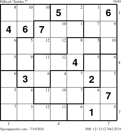 The grouppuzzles.com Difficult Sudoku-7 puzzle for Tuesday July 16, 2024 with all 12 steps marked