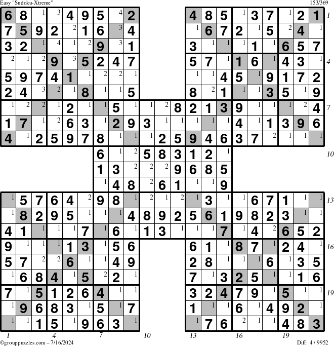 The grouppuzzles.com Easy Sudoku-Xtreme puzzle for Tuesday July 16, 2024, suitable for printing, with all 4 steps marked