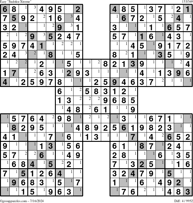 The grouppuzzles.com Easy Sudoku-Xtreme puzzle for Tuesday July 16, 2024 with the first 3 steps marked