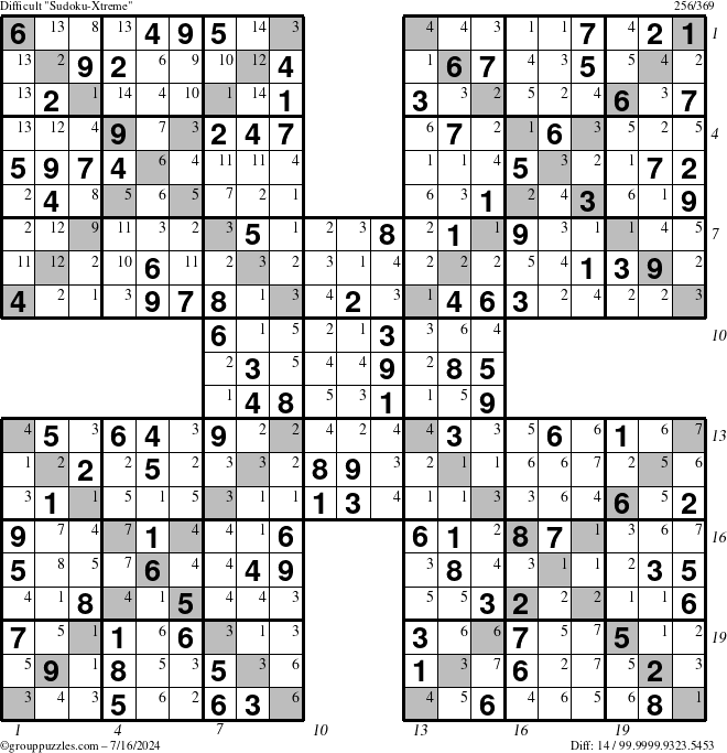 The grouppuzzles.com Difficult Sudoku-Xtreme puzzle for Tuesday July 16, 2024 with all 14 steps marked