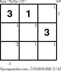 The grouppuzzles.com Easy TicTac-123 puzzle for Tuesday July 16, 2024 with all 2 steps marked