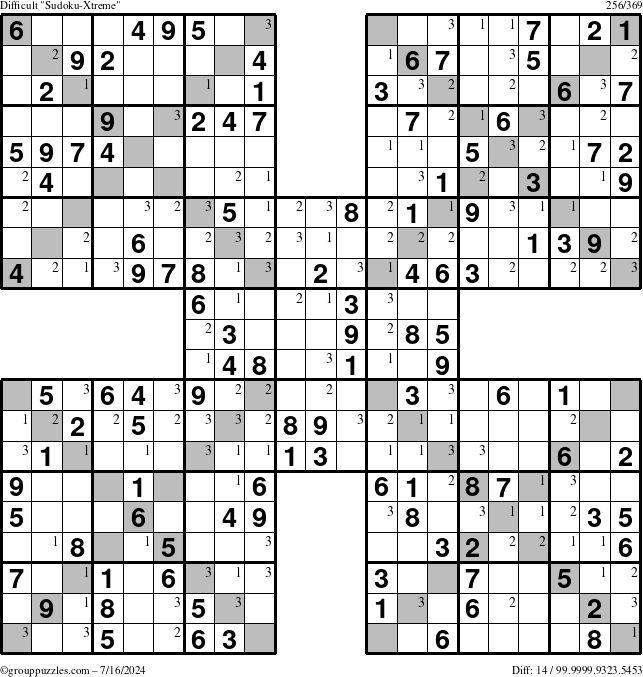 The grouppuzzles.com Difficult Sudoku-Xtreme puzzle for Tuesday July 16, 2024 with the first 3 steps marked