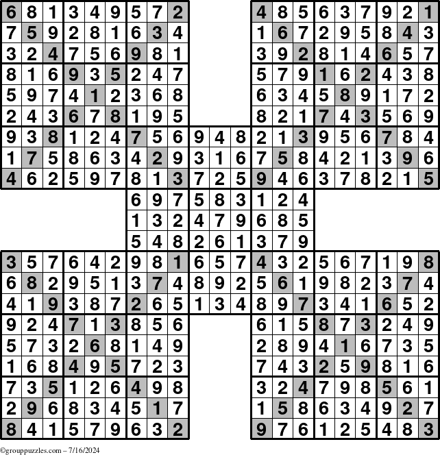 The grouppuzzles.com Answer grid for the Sudoku-Xtreme puzzle for Tuesday July 16, 2024