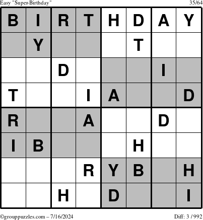 The grouppuzzles.com Easy Super-Birthday puzzle for Tuesday July 16, 2024