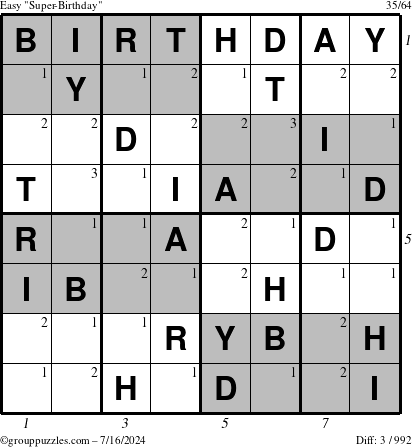 The grouppuzzles.com Easy Super-Birthday puzzle for Tuesday July 16, 2024 with all 3 steps marked