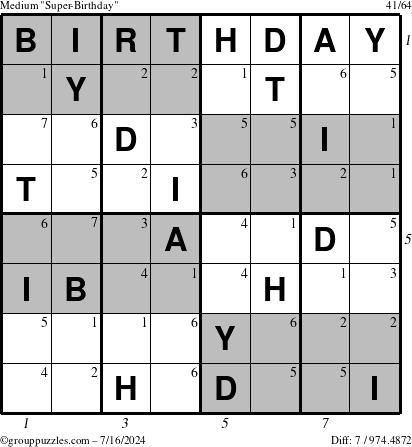 The grouppuzzles.com Medium Super-Birthday puzzle for Tuesday July 16, 2024 with all 7 steps marked