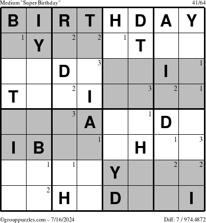 The grouppuzzles.com Medium Super-Birthday puzzle for Tuesday July 16, 2024 with the first 3 steps marked